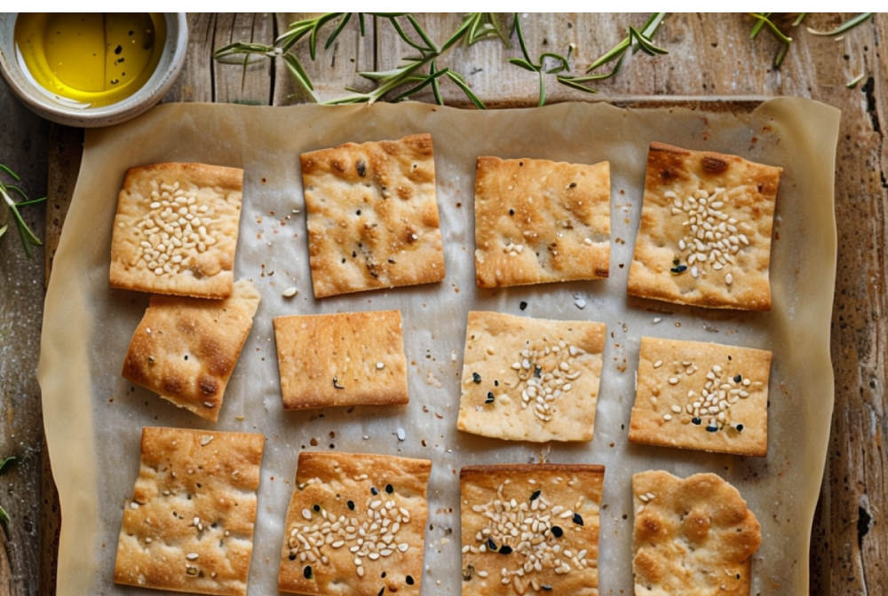 Crispy homemade sourdough discard crackers with herbs and seeds on a wooden board.