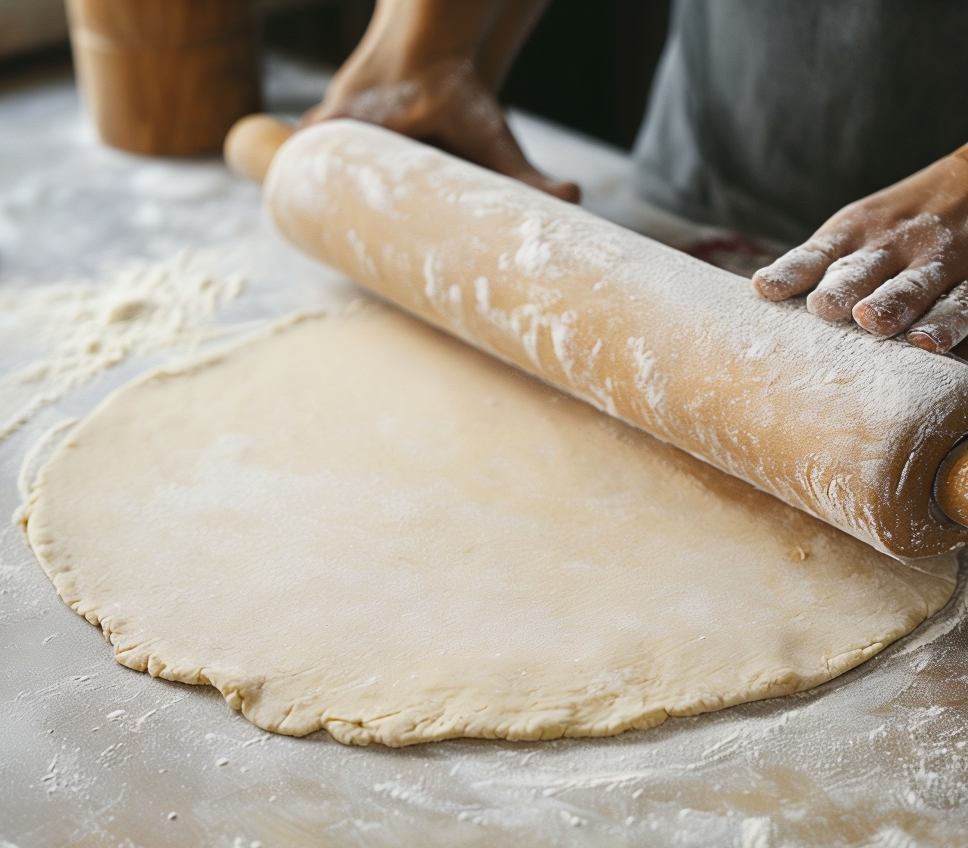 Rolling out sourdough discard cracker dough on a floured surface to 1/8 inch thickness.