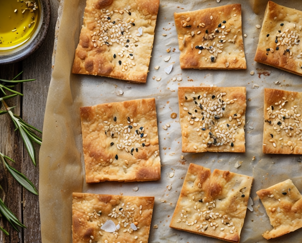 Golden crackers cooling on a parchment-lined baking sheet.