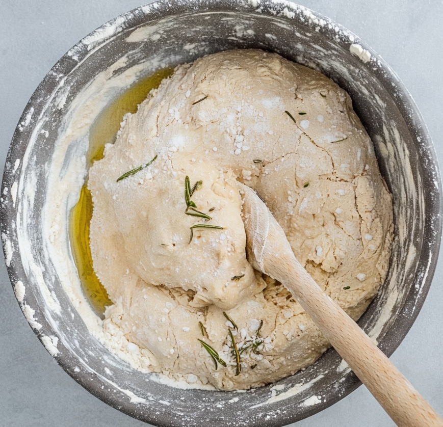 Mixing sourdough discard, flour, olive oil, salt, and herbs in a bowl for sourdough discard crackers.