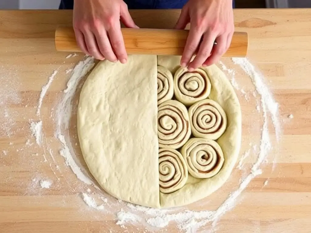 Rolling and slicing sourdough cinnamon roll dough into individual rolls