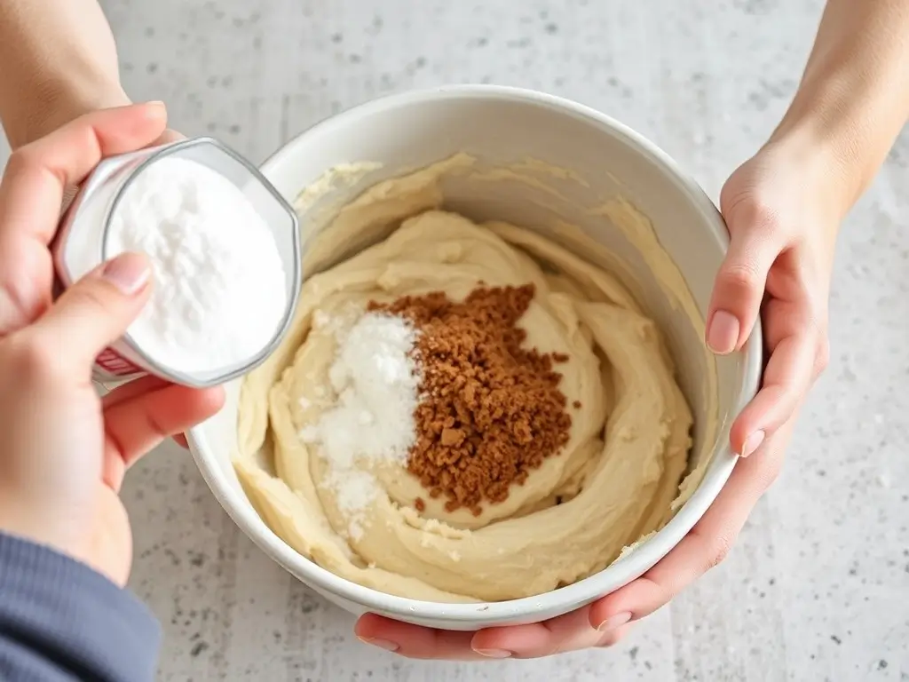 Adding leavening agents to sourdough cinnamon roll dough before shaping.