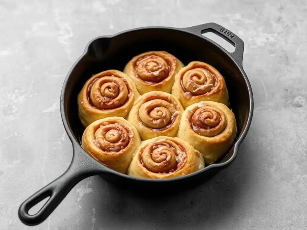 Baked sourdough cinnamon rolls in a cast iron skillet, golden brown and ready for glazing