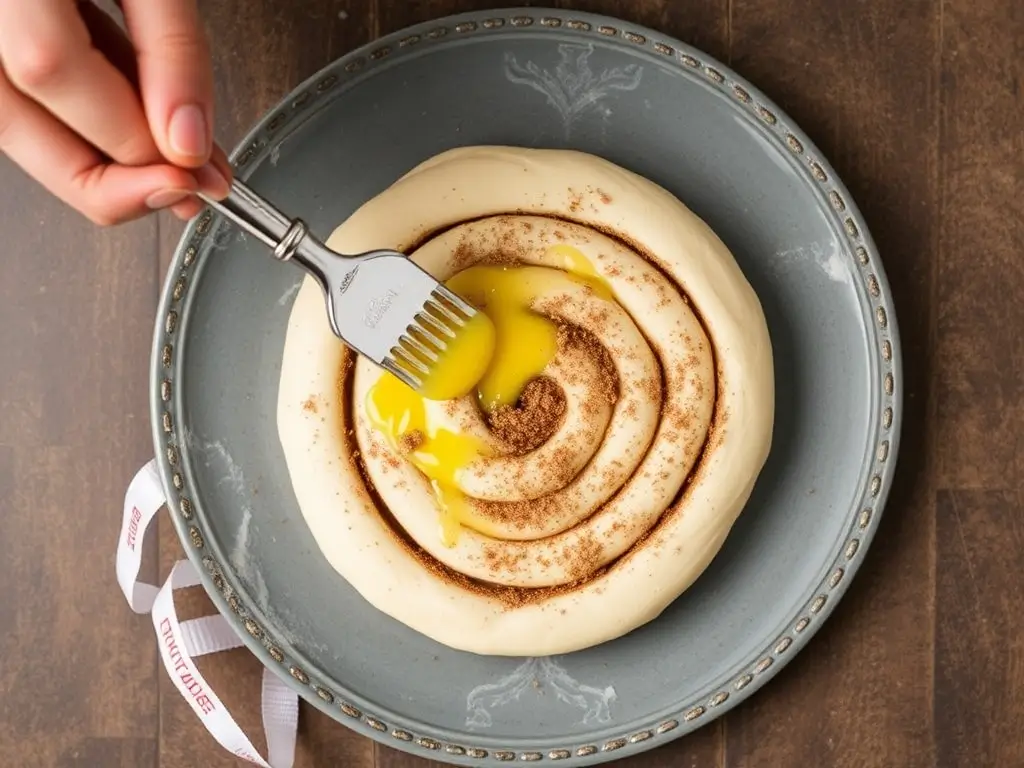 Spreading butter and cinnamon sugar mixture on sourdough cinnamon roll dough