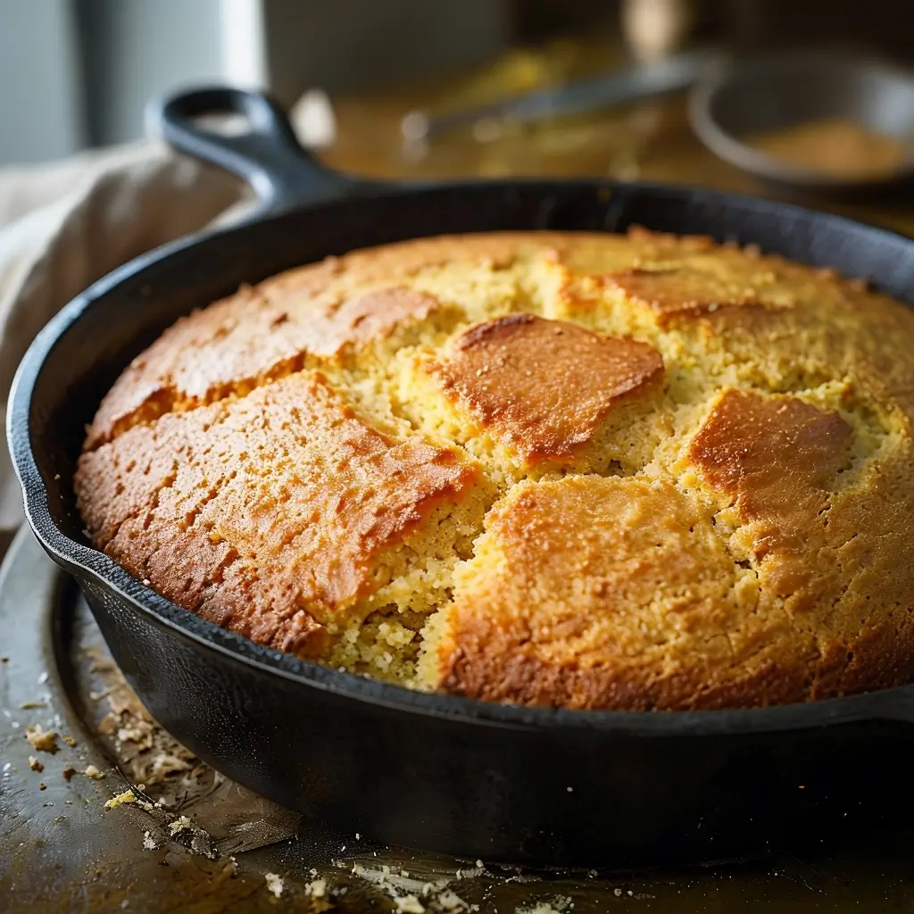 Baked sourdough cornbread with a golden crust