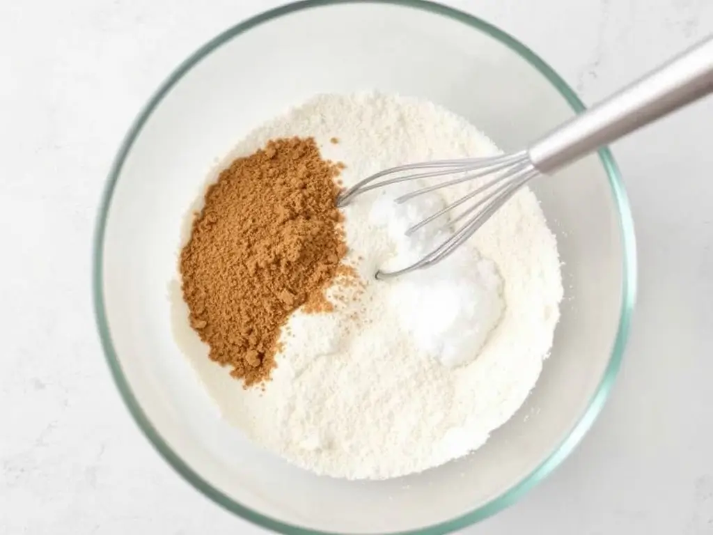 A mixing bowl with flour and baking soda being prepared for sourdough graham crackers