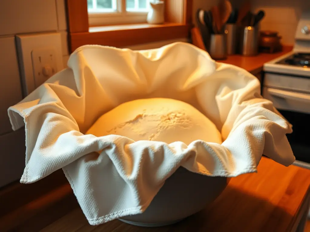 Dough rising in a covered bowl in a warm kitchen for a delicious Sourdough Pizza Crust