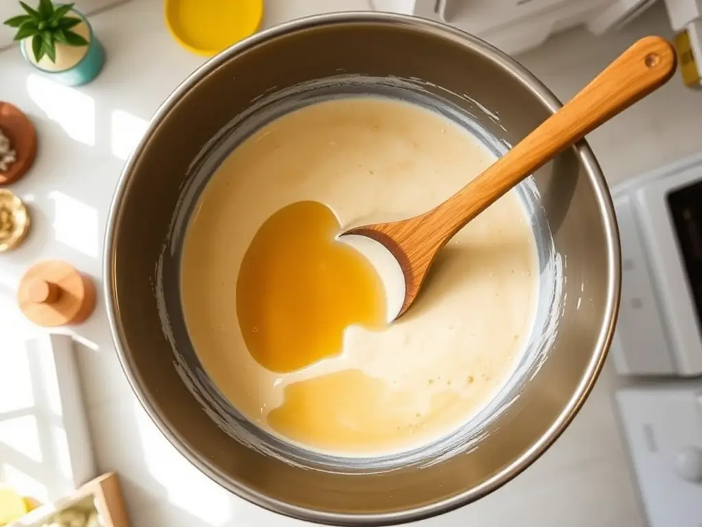 Mixing sourdough starter, water, and honey in a bowl with a wooden spoon.