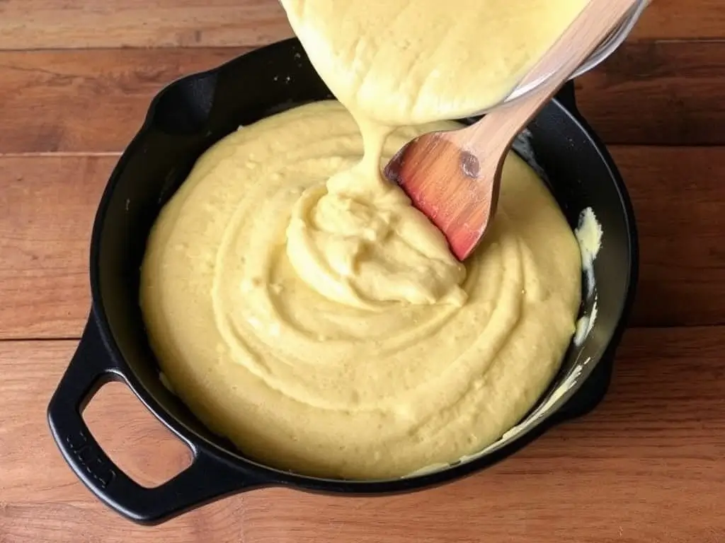 Pouring sourdough cornbread batter into a skillet for even baking