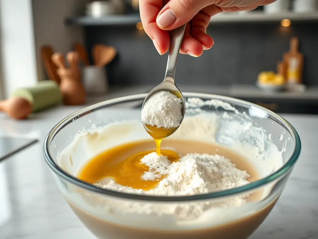 Adding olive oil, flour, and salt to wet ingredients in a mixing bowl