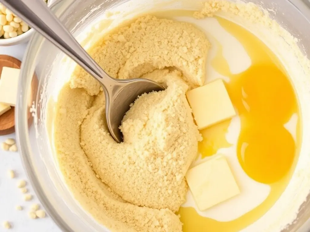 Mixing sourdough discard, cornmeal, milk, butter, and eggs for the cornbread base