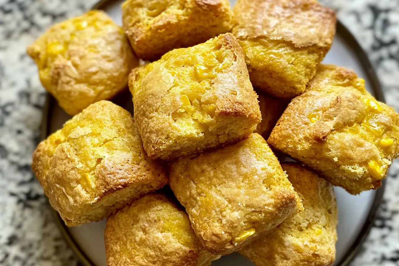 A golden slice of sourdough cornbread, with a crusty edge and a soft, airy center, served on a rustic wooden board with a drizzle of honey and pats of melting butter