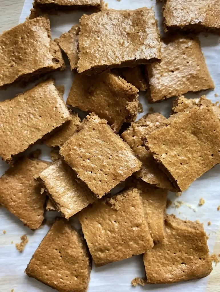 Freshly baked sourdough graham crackers, golden brown on baking sheet