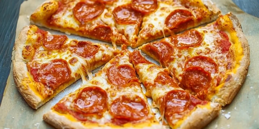 Sourdough Pizza Crust baking in oven with golden crust and bubbling cheese