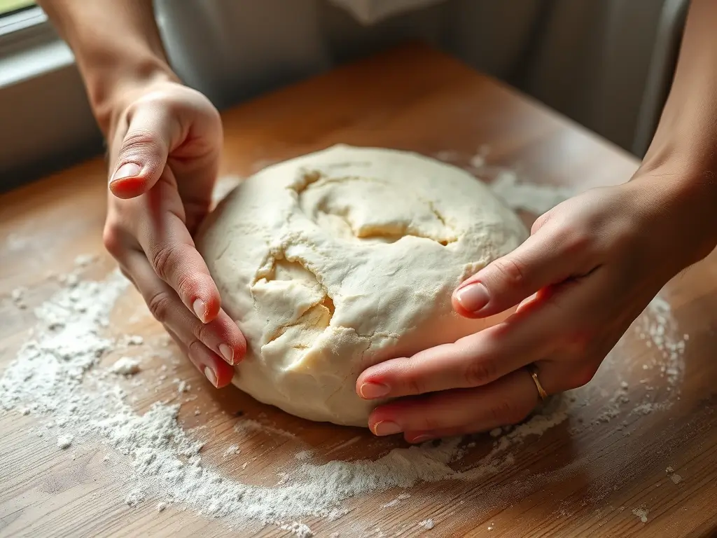 Hands kneading dough on a floured wooden surface