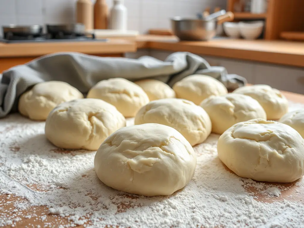 Dividing dough into small balls resting under a damp towel for a perfect Sourdough Pizza Crust