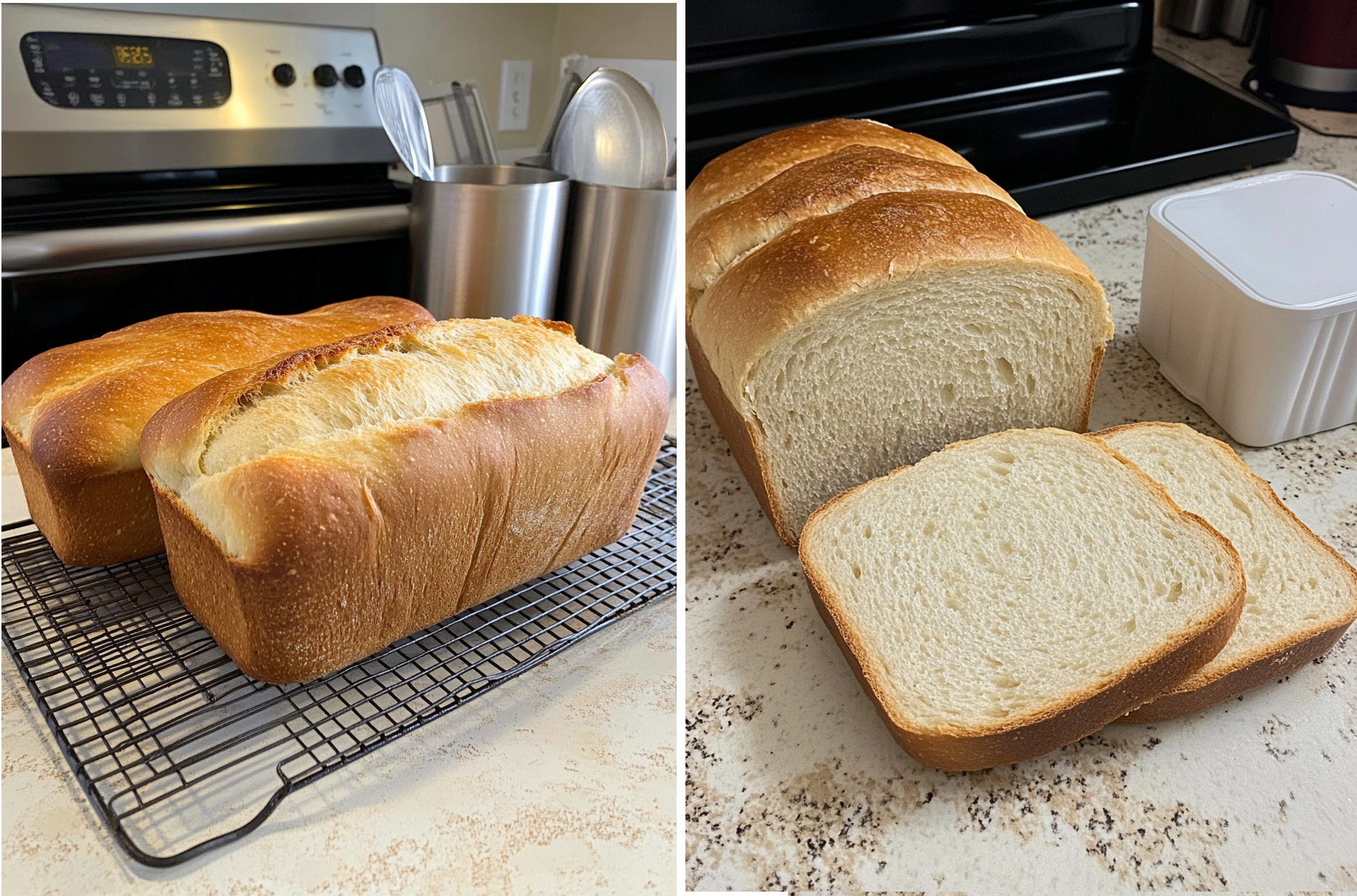 Golden loaf of sourdough discard sandwich bread sliced on a wooden cutting board
