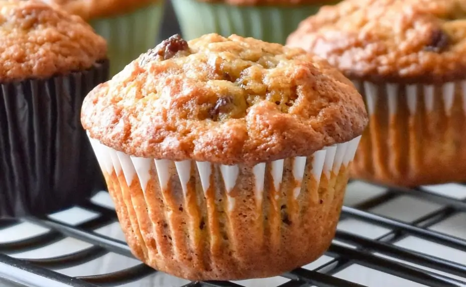 Golden brown sourdough discard muffins with visible add-ins on a rustic table