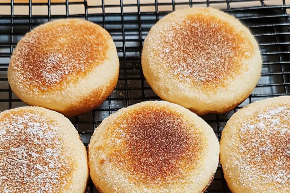 A beautifully arranged table featuring golden sourdough English muffins topped with melting butter, surrounded by jam jars and a steaming cup of tea — a delightful centerpiece for any breakfast or brunch.