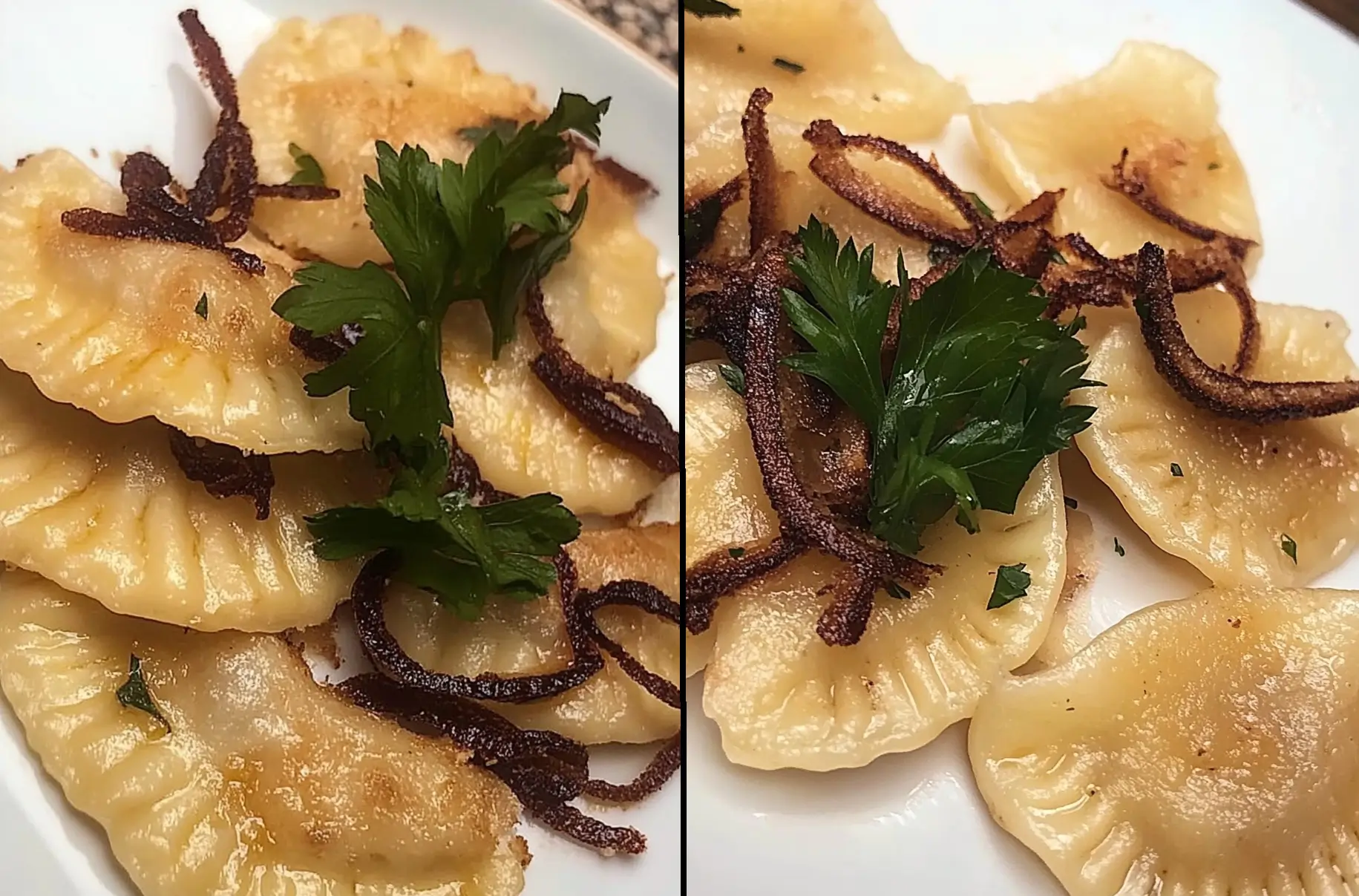 Plate of golden sourdough pierogies garnished with sour cream and caramelized onions