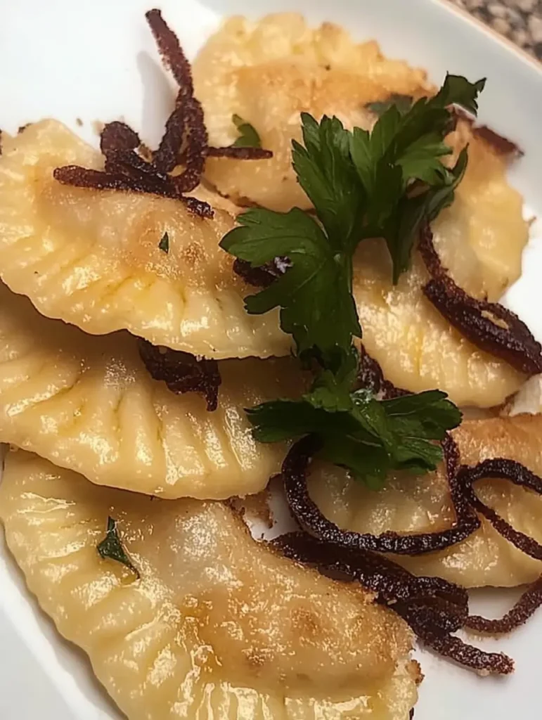 Sourdough pierogies served with sour cream and caramelized onions