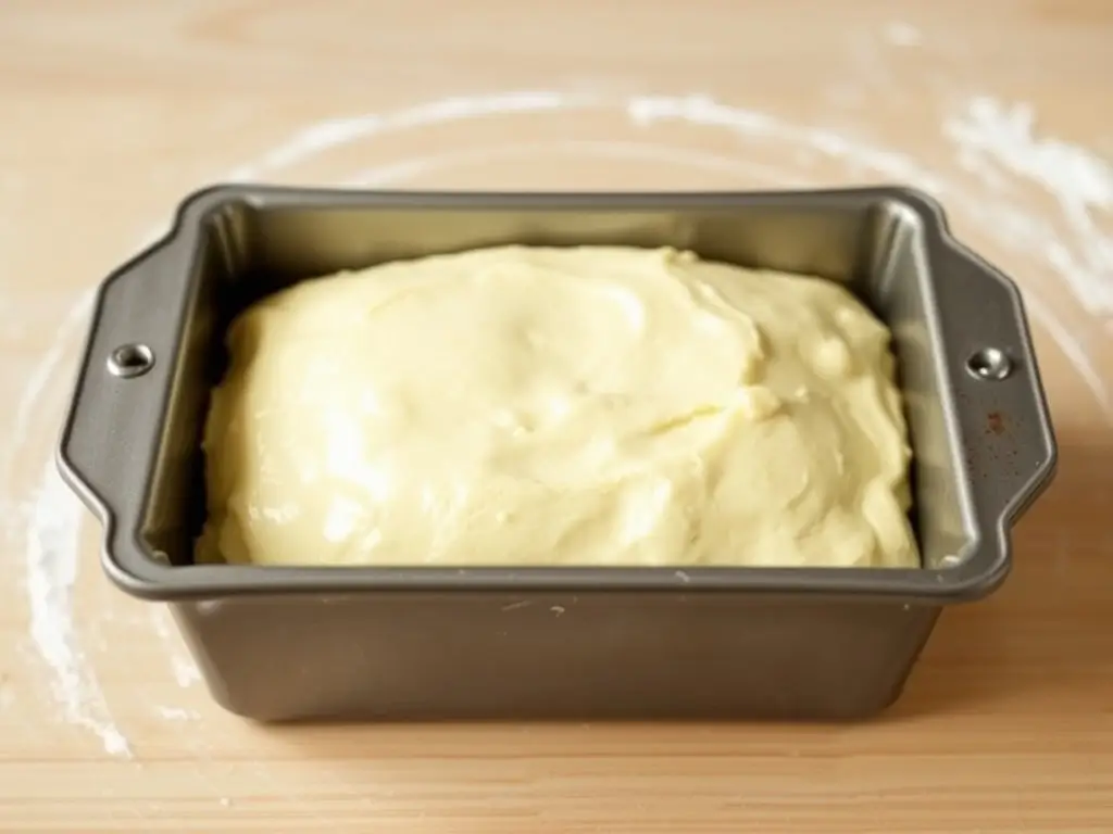 Buttered sandwich loaf pan prepped for baking sourdough discard sandwich bread.