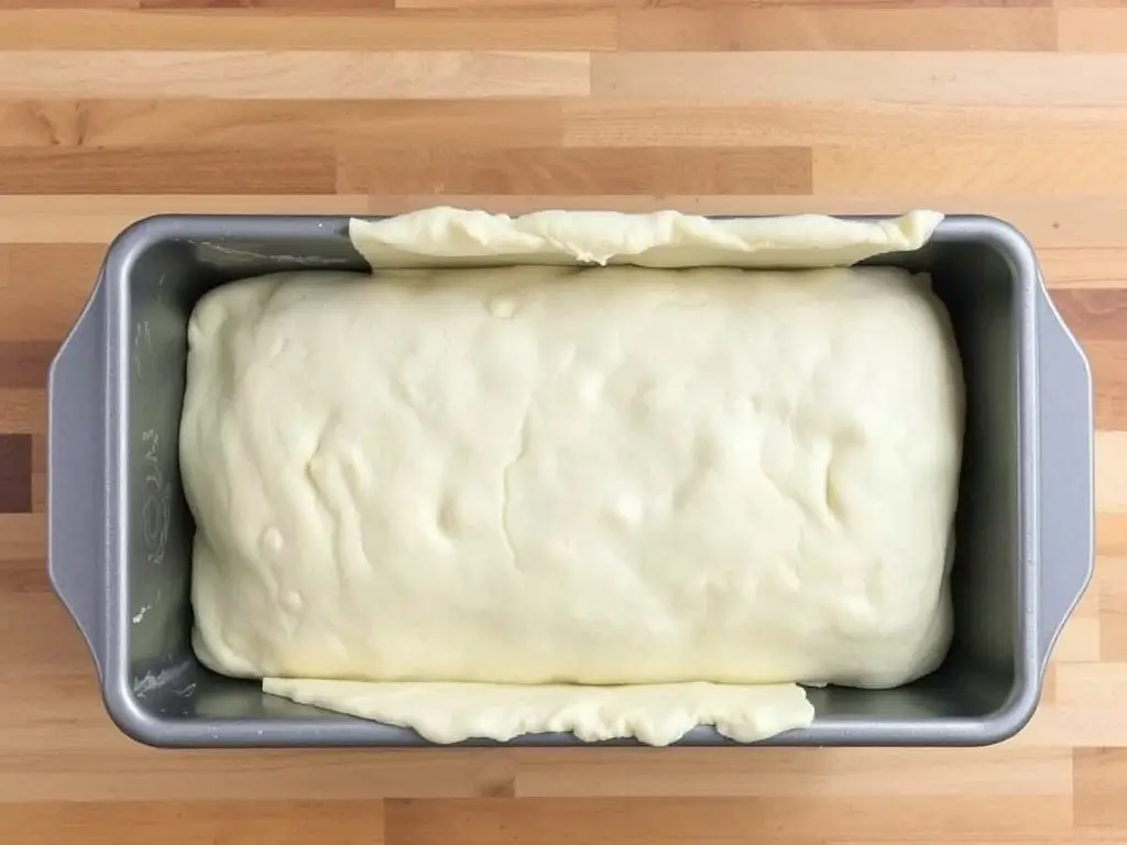 Shaped dough ready to bake in a loaf pan for sourdough sandwich bread.