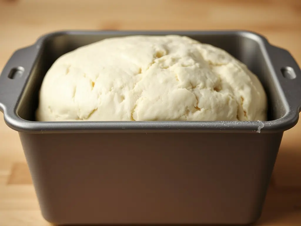 Risen dough in a loaf pan for sourdough discard sandwich bread.