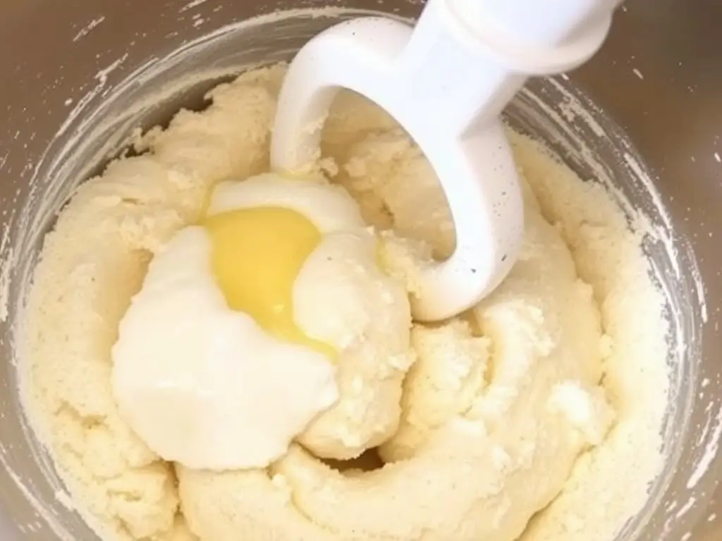 Sourdough pierogi dough ingredients being mixed in a bowl to create smooth, stretchy dough