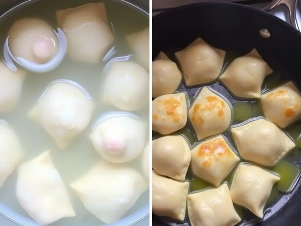 Boiled sourdough pierogies floating in water and pan-fried pierogies turning golden brown