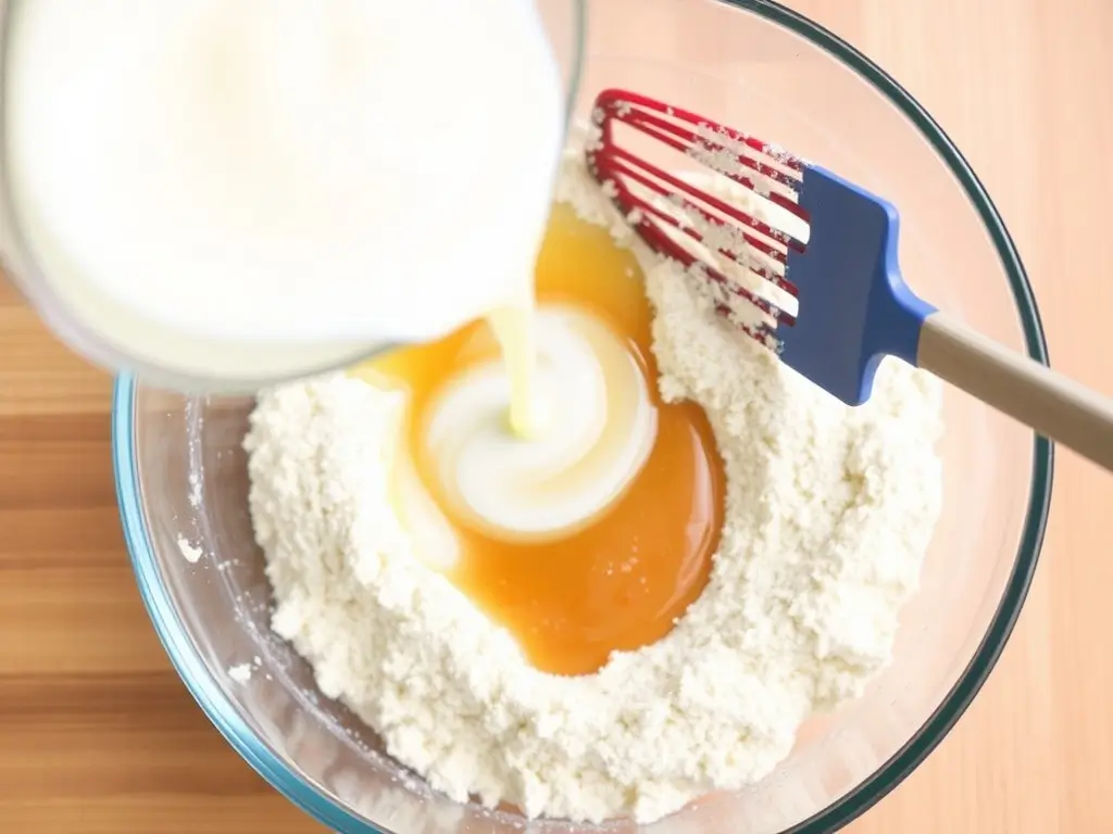 Combining wet and dry ingredients for a perfect sourdough discard muffin batter.