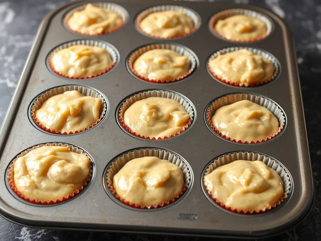 Muffin tin filled with batter for sourdough discard muffins, ready for the oven