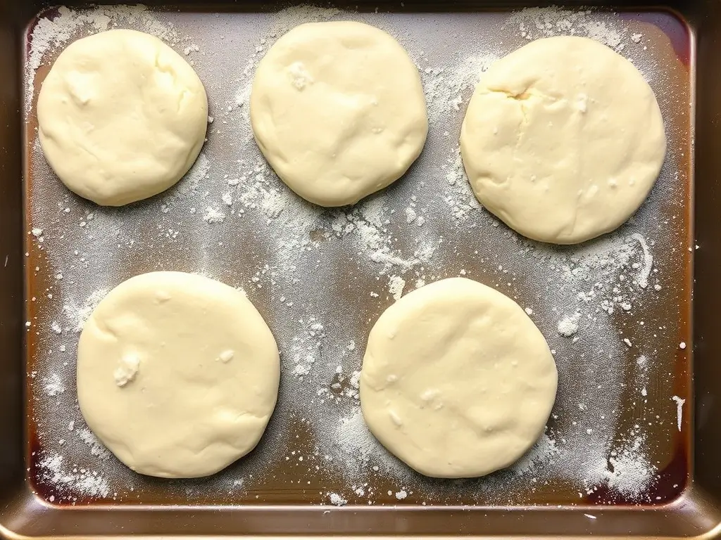 Dough rounds rising on a cornmeal-dusted sheet for sourdough English muffins