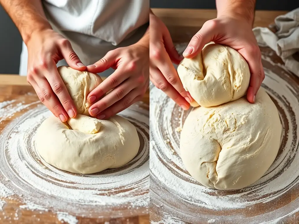 Kneading dough with flour, salt, and olive oil for a sourdough bread