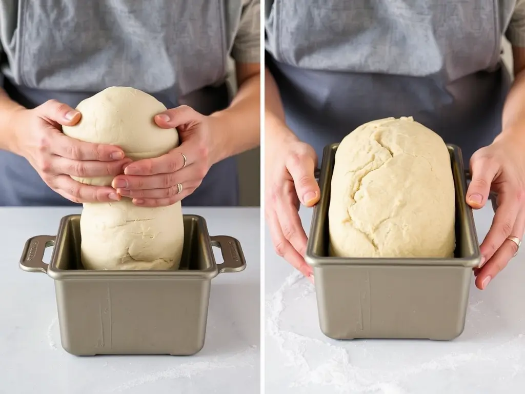 Shaping sourdough dough into a loaf and placing it in a greased pan for a sourdough starter bread recipe