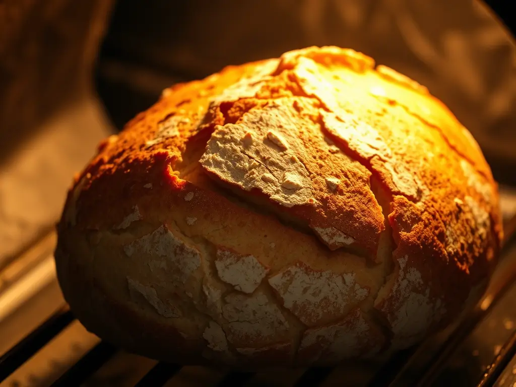 Freshly baked sourdough starter bread with a golden crust, just out of the oven.