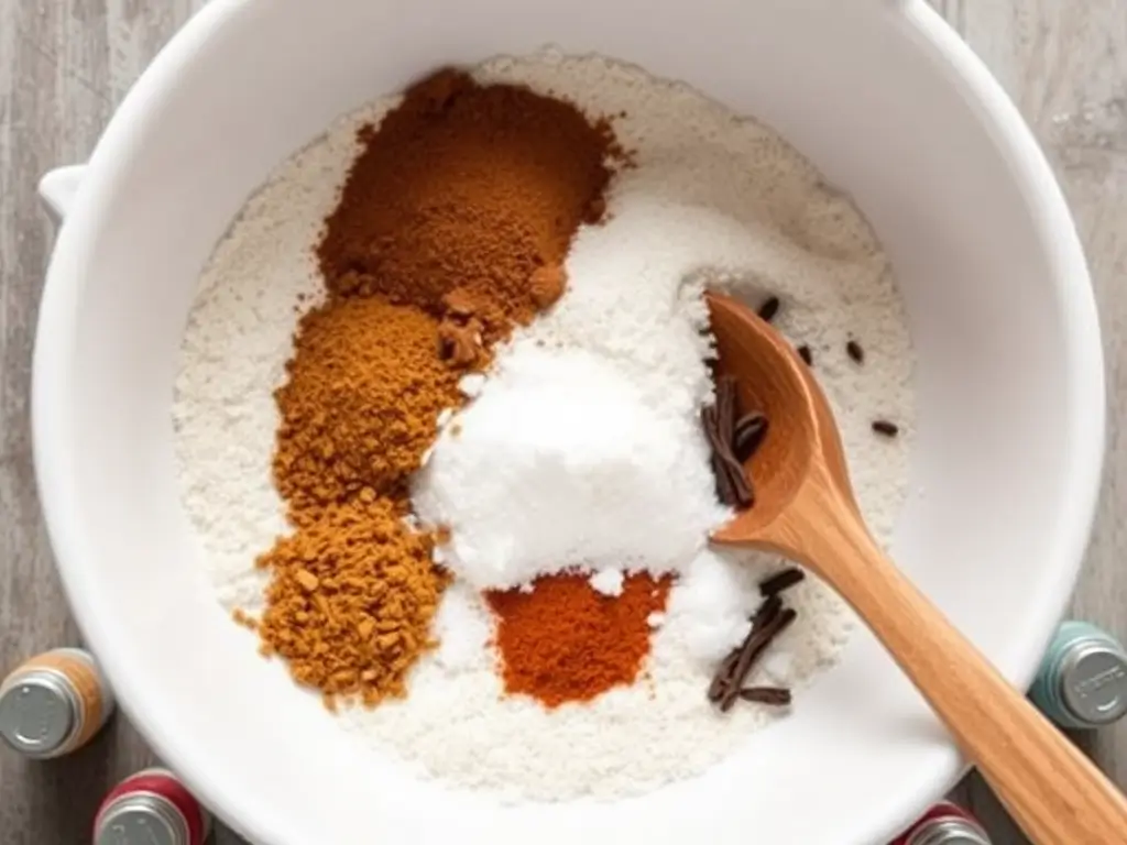 Combining flour, spices, baking soda, and salt for the dry ingredients