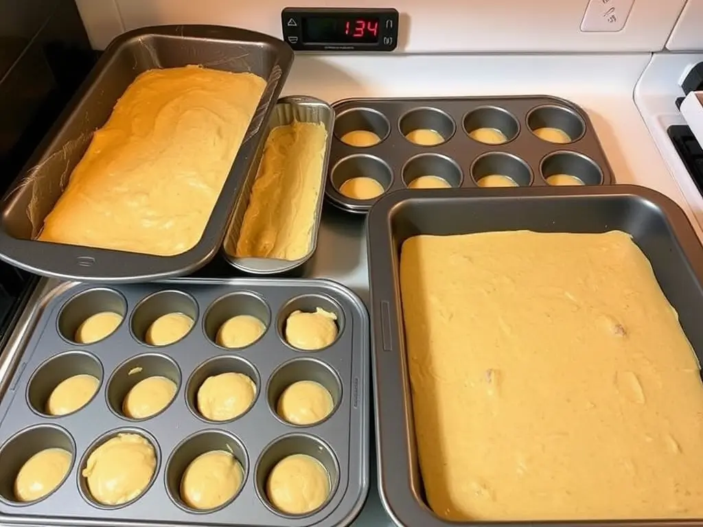 Pouring the batter into various pans for the sourdough carrot cake, ready to bake at 350°F.