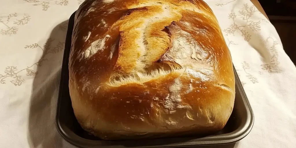 Golden brown sourdough starter bread loaf with a soft, airy crumb on a wooden cutting board in a cozy kitchen setting