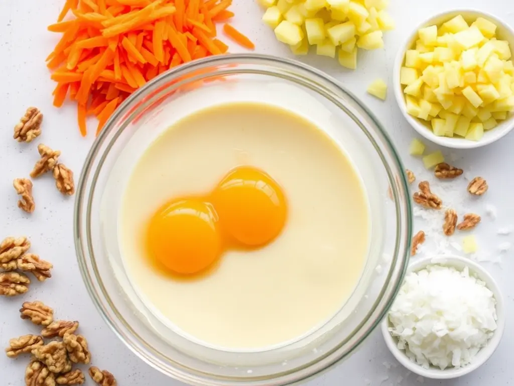 Adding eggs, carrots, pineapple, walnuts, and coconut to the wet ingredients of the sourdough carrot cake for added texture and flavor.