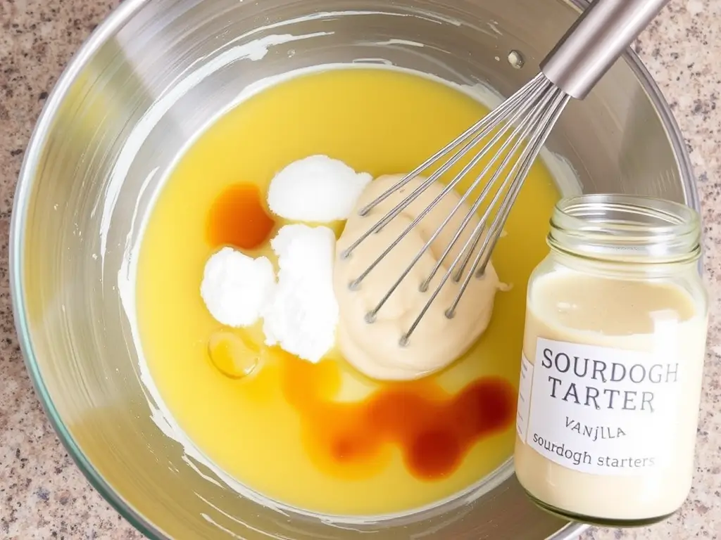 Mixing oil, sugar, vanilla, and sourdough starter to create the wet ingredients for the sourdough carrot cake.