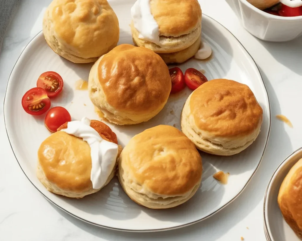 Flaky, buttery sourdough biscuits baked to perfection, showcasing their fluffy texture.