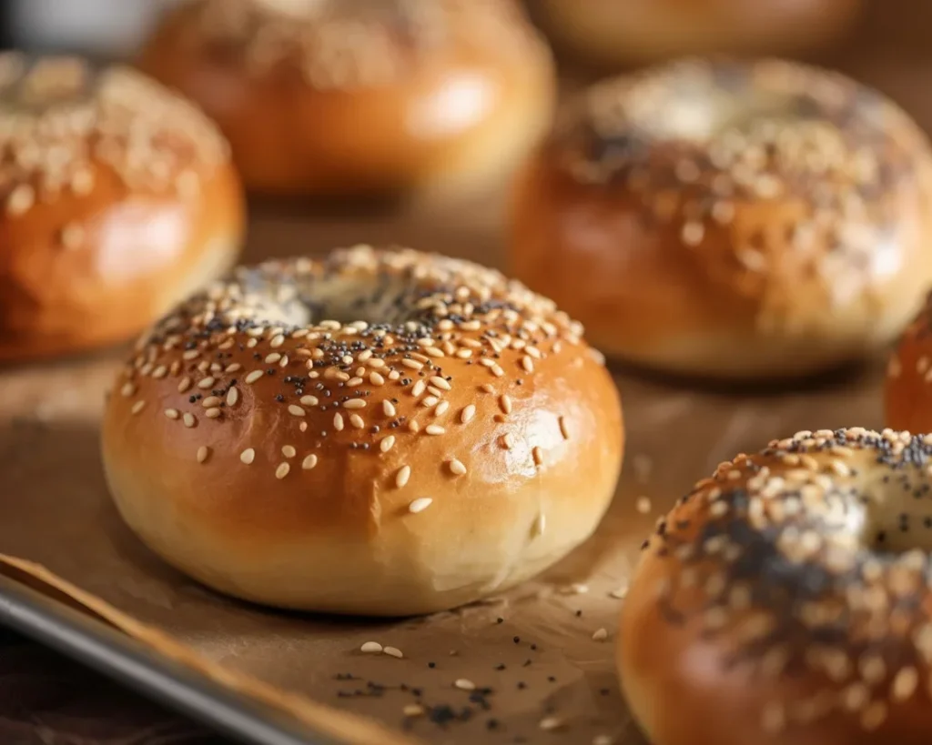 Homemade sourdough bagels ready to be served with cream cheese and toppings.