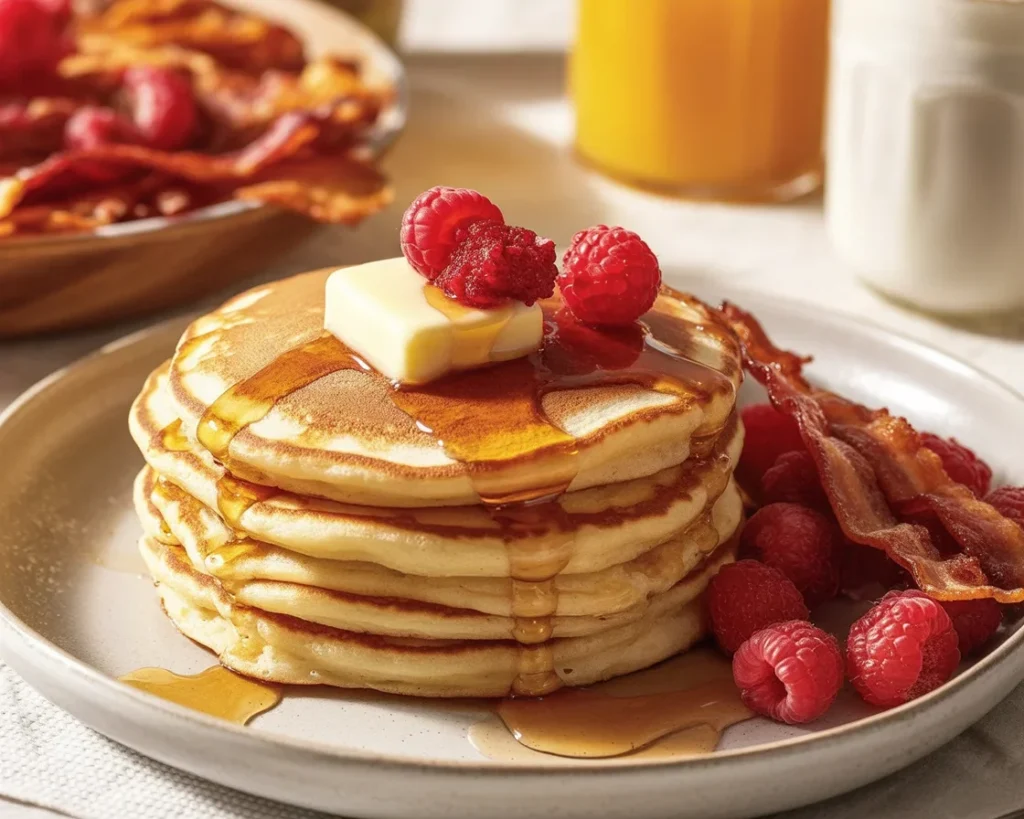 Fluffy sourdough pancakes made with sourdough starter, topped with syrup and berries.