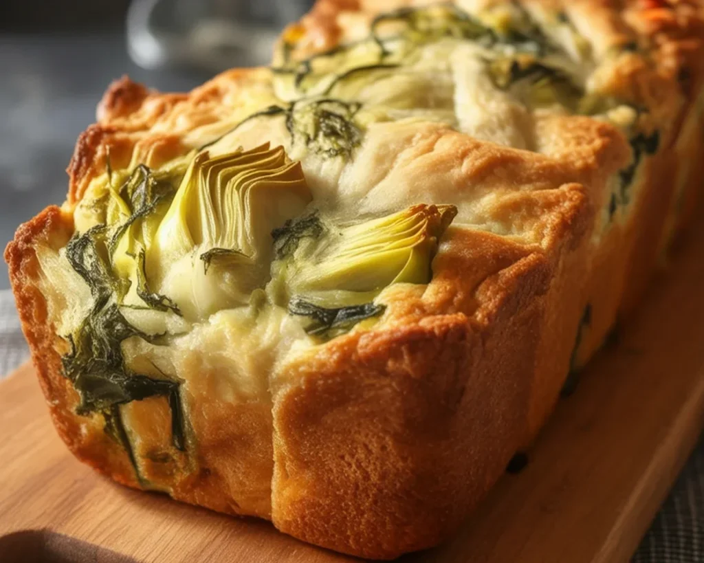 Sourdough Discard Spinach Artichoke Pull-Apart Bread with melted cheese and greens.
